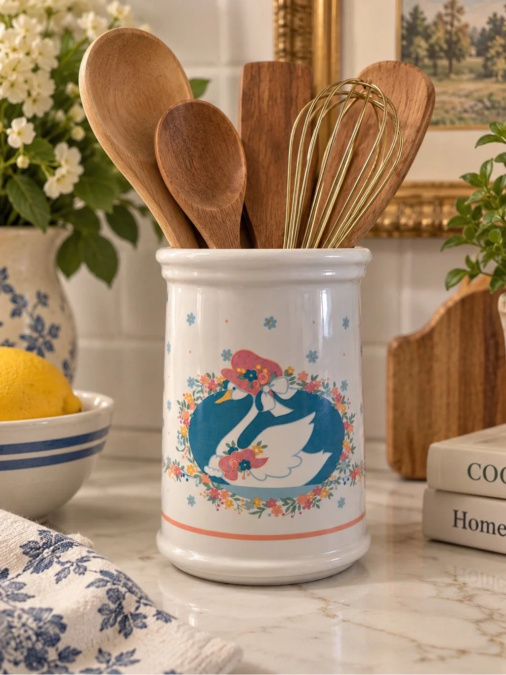 Ceramic Swan Utensil Crock in White with Floral Blue Accent